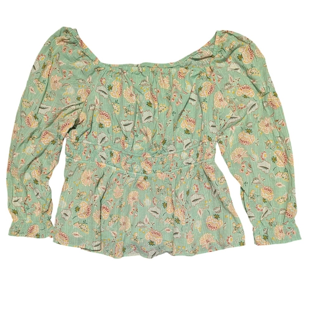 Torrid Mint Green Floral Smocked Peplum Top Cotton Long Sleeve Plus Size 1  1X